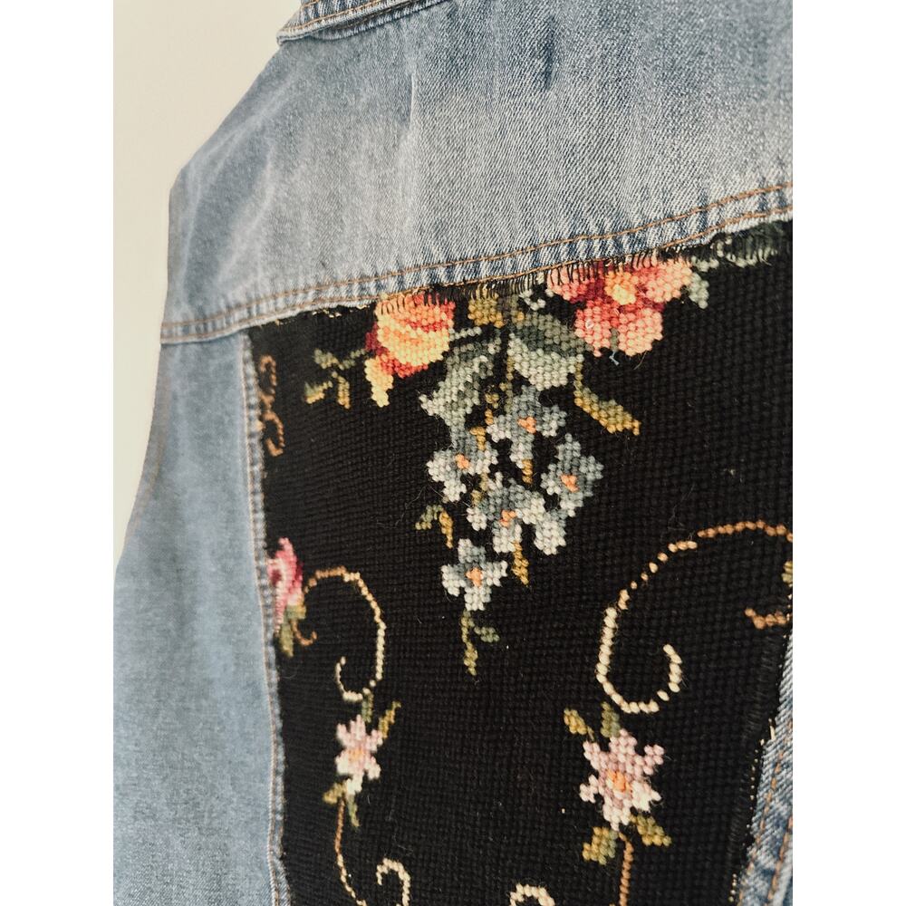 Needlepoint Denim Vest | Reworked Jean Vest | Floral Needlepoint Vest